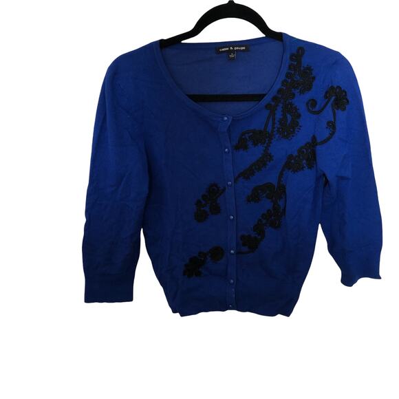 Cable & Gauge Blue Cardigan with Black Ribbon and Beaded Detail, Sz S - Picture 2 of 10